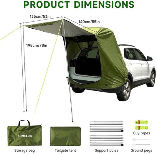 SUV Tailgate Tent,KOMCLUB Car Camping Tent with Awning Shade Waterproof Roof Canopy Green Hatchback Car Tent for Outdoor Travel Preferred,Universal Fit Most SUV,Tarp Poles+Tent Stakes+Reflective Ropes