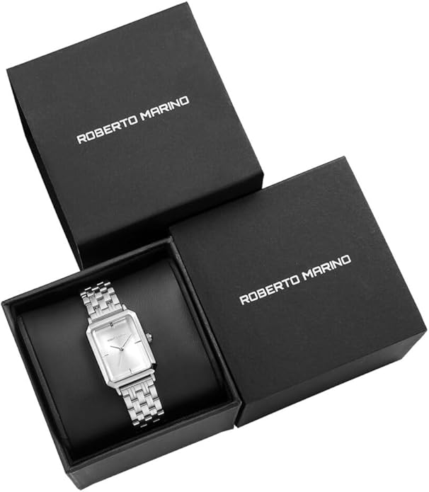 Roberto Marino RM1982 Women’s Luxury Watch Rectangular Gold – Japanese Quartz Movement, Vintage Stainless Steel Design, Silver Dial, Elegant Dress Timepiece, 3ATM Water Resistant – Reloj para Mujer
