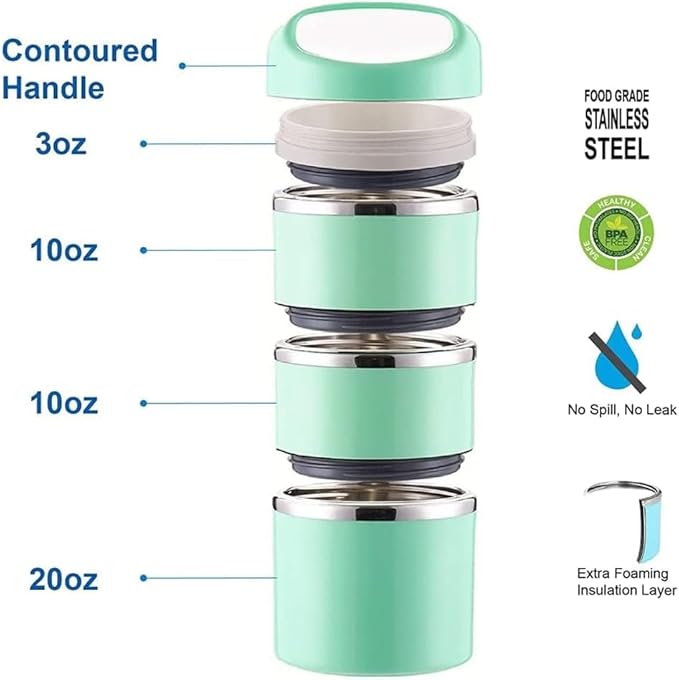 Lille Home Stackable Stainless Steel Thermal Compartment Lunch/Snack Box, 3-Tier Insulated Bento/Food Container with Lunch Bag, and Three Extra Seals, 43OZ
