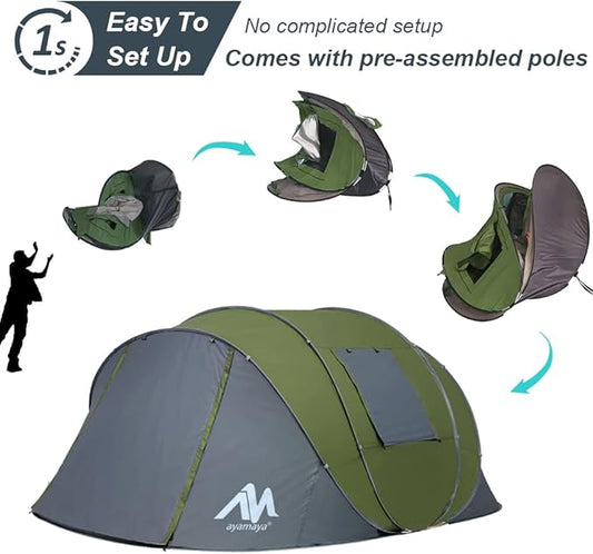 6 Person Easy Pop Up Tents for Camping - AYAMAYA Double Layer Waterproof Instant Tent with Vestibule & Porch, Large Size Family Tent Automatic Setup for 4-6 People Camping Hiking (Poles Included)