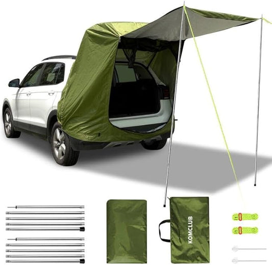 SUV Tailgate Tent,KOMCLUB Car Camping Tent with Awning Shade Waterproof Roof Canopy Green Hatchback Car Tent for Outdoor Travel Preferred,Universal Fit Most SUV,Tarp Poles+Tent Stakes+Reflective Ropes