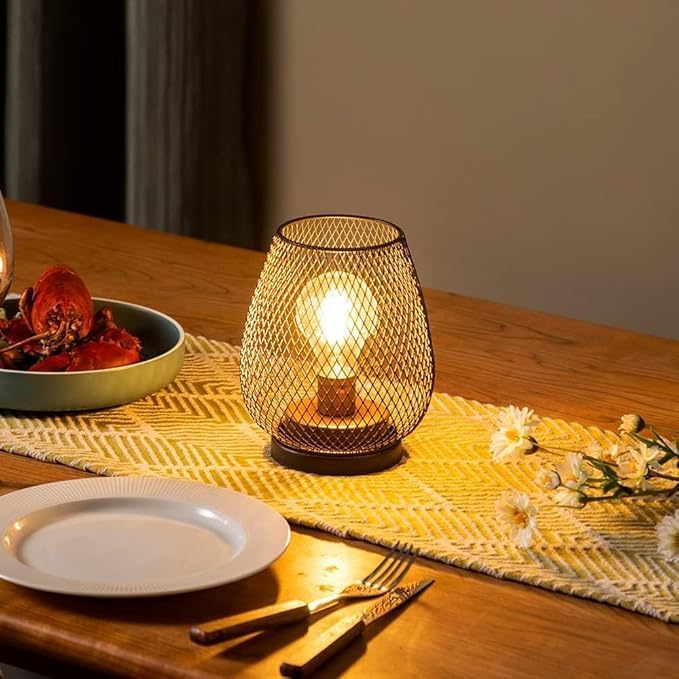 DECORKEY Set of 6 Battery Operated Lamp LED Table Lantern, Brown Metal Cage Cordless Lamps with LED Bulb,Vintage Decorative Outdoor Lantern for Weddings, Parties, Patio, Events for Indoors Shelf Decor