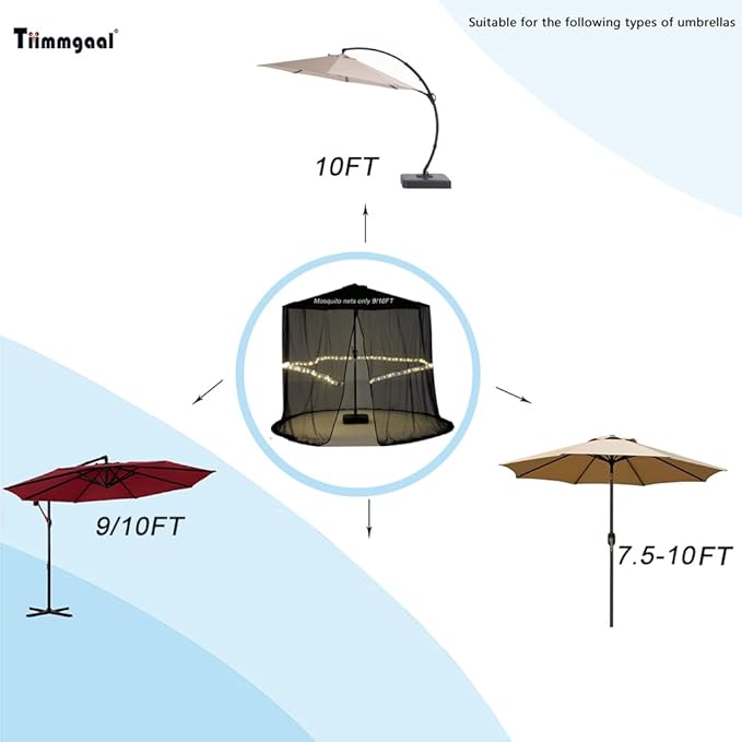 9/10FT Mosquito Net for Patio Umbrella Outdoors Screen Polyester Hanging Tent (Mosquito Net Only) (9FT/10FT(with Light))