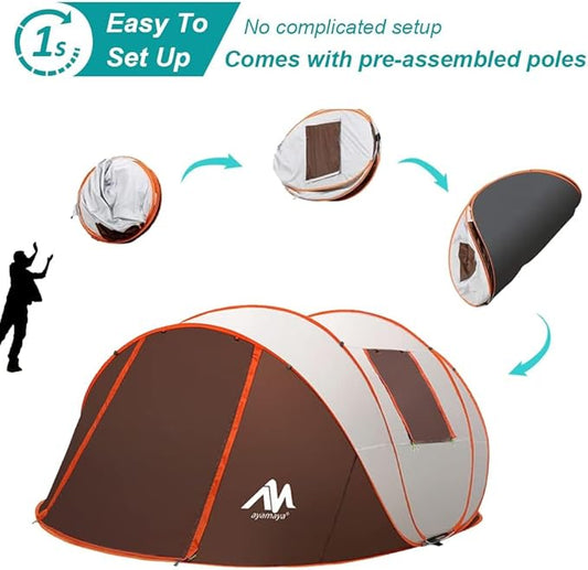 6 Person Easy Pop Up Tents for Camping - AYAMAYA Double Layer Waterproof Instant Tent with Vestibule & Porch, Large Size Family Tent Automatic Setup for 4-6 People Camping Hiking (Poles Included)