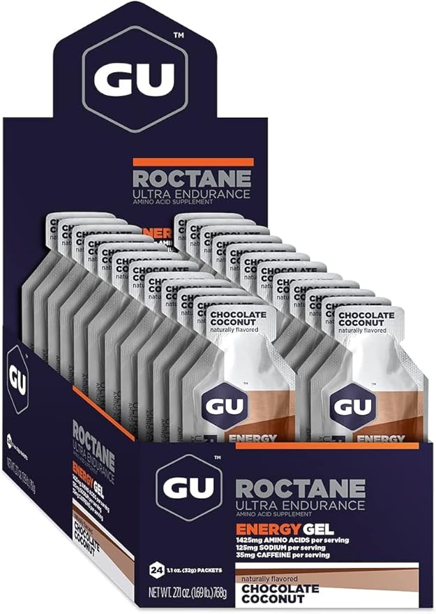 GU Energy Roctane Ultra Endurance Energy Gel, Vegan, Gluten-Free, Kosher, and Dairy-Free On-The-Go Sports Nutrition for Running, Biking, Hiking or Skiing, Chocolate Coconut,24-Count