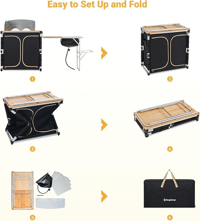KingCamp Bamboo Camp Kitchen Station, Folding Overland Camping Kitchen Table Hooks Portable Outdoor Cooking with Adjustable Lantern Pole & Windshield Storage Organizer for Tailgating BBQ Picnic RV