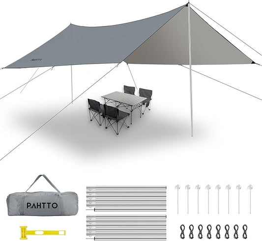 Camping Tarp with Poles, 16x12 Ft Camping Canopy, Waterproof Tent Tarp, Rain Shelter for Camping, Picnic,Beach, Outdoor Activities, Extra Large, Lightweight and UV Resistant, Extra Large, Grey