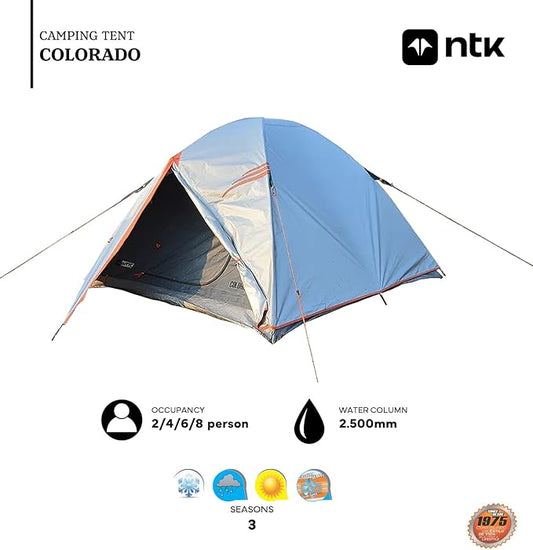 NTK Colorado GT 2/4/6/8 Person Outdoor Dome Family Camping Tent 100% Waterproof, Easy Assembly, Durable Fabric Full Coverage Rainfly - Micro Mosquito Mesh