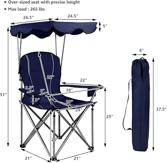 GYMAX Camping Chair, Folding Outdoor Lawn Chair with Canopy, Carry Bag & Cup Holder, Portable Heavy Duty Camp Chair for Outside Travel, Picnic, Beach Soccer Chairs