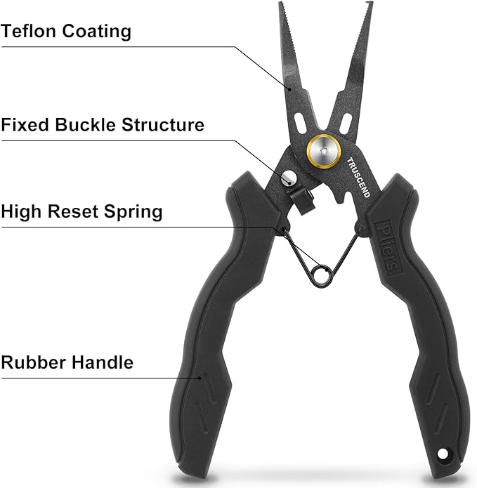 TRUSCEND Lockable Handy Fishing Pliers with Innovative Ergonomic Handle, Saltwater Corrosion Resistant Teflon Coated Fishing Tool with Mo-V Cutter