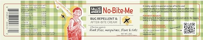 SALLYEANDER No Bite Me All-Natural Bug & Insect Repellent - Anti Itch Cream - 2 oz - Safe for Kids and Infants - Repels Mosquitoes, Black Flies, Fleas, and Ticks