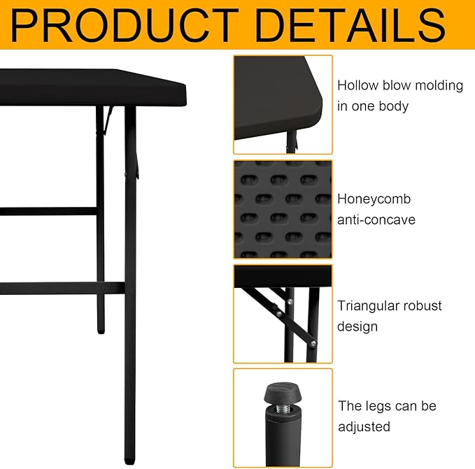 Folding Table 2.7ft Rectangular All-Occasion Plastic Folding Event Table for Indoor and Outdoor, Portable Desk, Camping, Durable and Stable, HDPE and Steel, Wide Application, Black