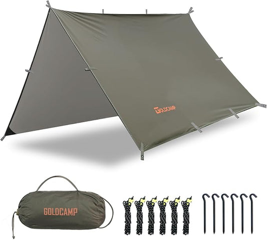 GOLDCAMP Waterproof Camping Tarp,70D Nylon 10X10FT Hammock Rain Fly ,UV 50+ and PU15000mm Tent Tarp Shelter Canopy,Heavy Duty Multifunctional Sun Shade or Rain Fly Essentials for Hiking Backpacking