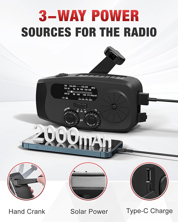 Emergency Hand Crank Radio Emgykit - 2000mAh/7400mWh AM/FM/NOAA Solar Hand Crank Emergency Radio with 3 LED Flashlights, SOS Function for Emergencies, Camping - Black
