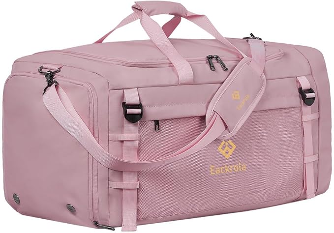 Eackrola Large Sports Gym Bag, Travel Duffel bag with Wet Pocket & Shoes Compartment for men women, 65L, Lightweight(Pink)
