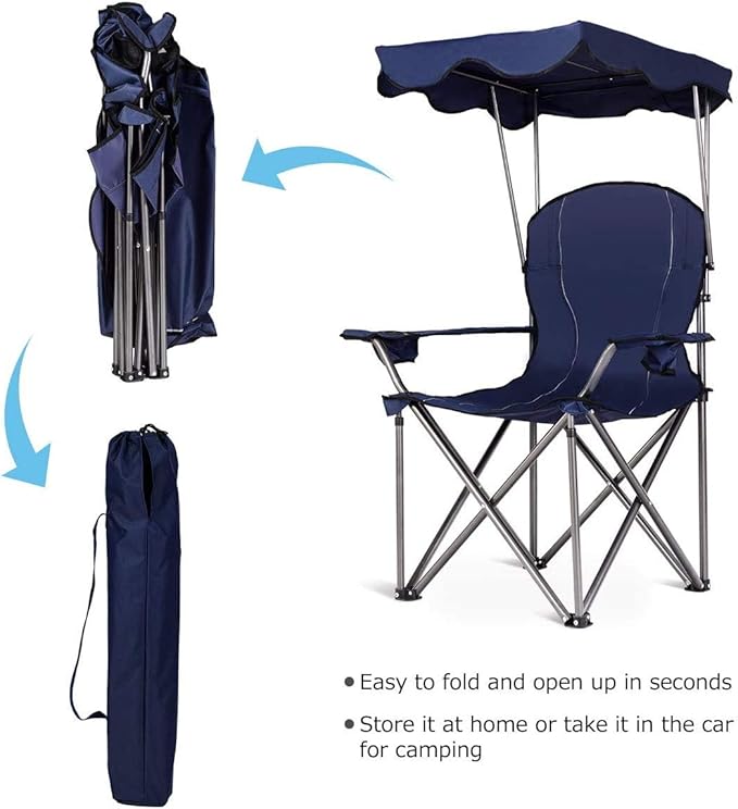 GYMAX Camping Chair, Folding Outdoor Lawn Chair with Canopy, Carry Bag & Cup Holder, Portable Heavy Duty Camp Chair for Outside Travel, Picnic, Beach Soccer Chairs