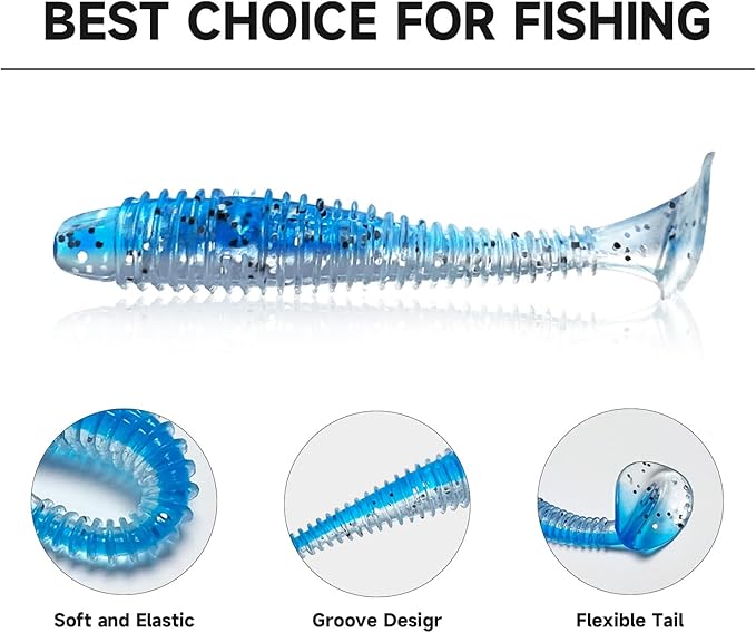 Soft Fishing Lures(96 Pcs), Unique Vibrating Swim Action, Paddle Tail Swimbaits Soft Plastic Lures for Trout Crappie Walleye Sea Bass(96 Pcs, 8 Colors)
