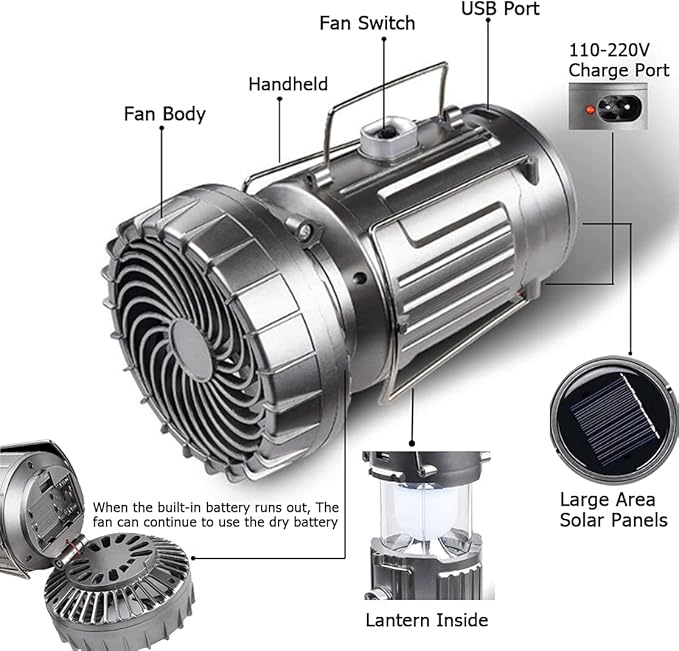 Solar Camping Lantern with Fan,Rechargeable Camping Fans Charging for Phone, Battery Operated Light for Hurricane Power Outage Tent Emergency Camping Gear Must Haves