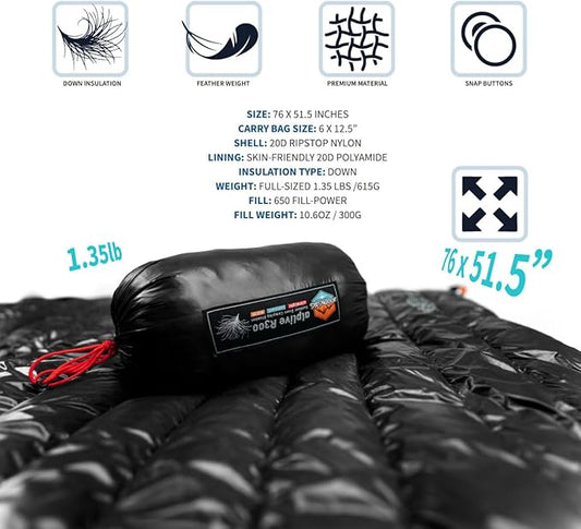 ZOOOBELIVES Ultralight Down Camping Blanket - 1.35lbs, 650 Fill Power Puffy Quilt. Compact & Warm Comforter for Travel, Beach, Hammock, Backpacking - Elevate Your Outdoor Comfort - AlpliveR300