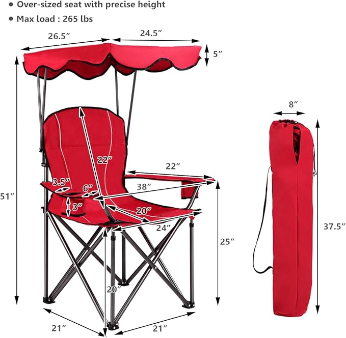 GYMAX Camping Chair, Folding Outdoor Lawn Chair with Canopy, Carry Bag & Cup Holder, Portable Heavy Duty Camp Chair for Outside Travel, Picnic, Beach Soccer Chairs