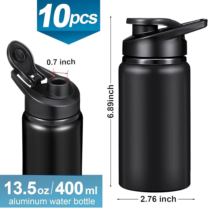 10 Pieces 13.5oz Reusable Aluminum Water Bottles Bulk Multicolor Outdoor Sports Water Bottles for Travel, Gym, Hiking, Cycling, Camping, Fishing, Snap Lid (Black)