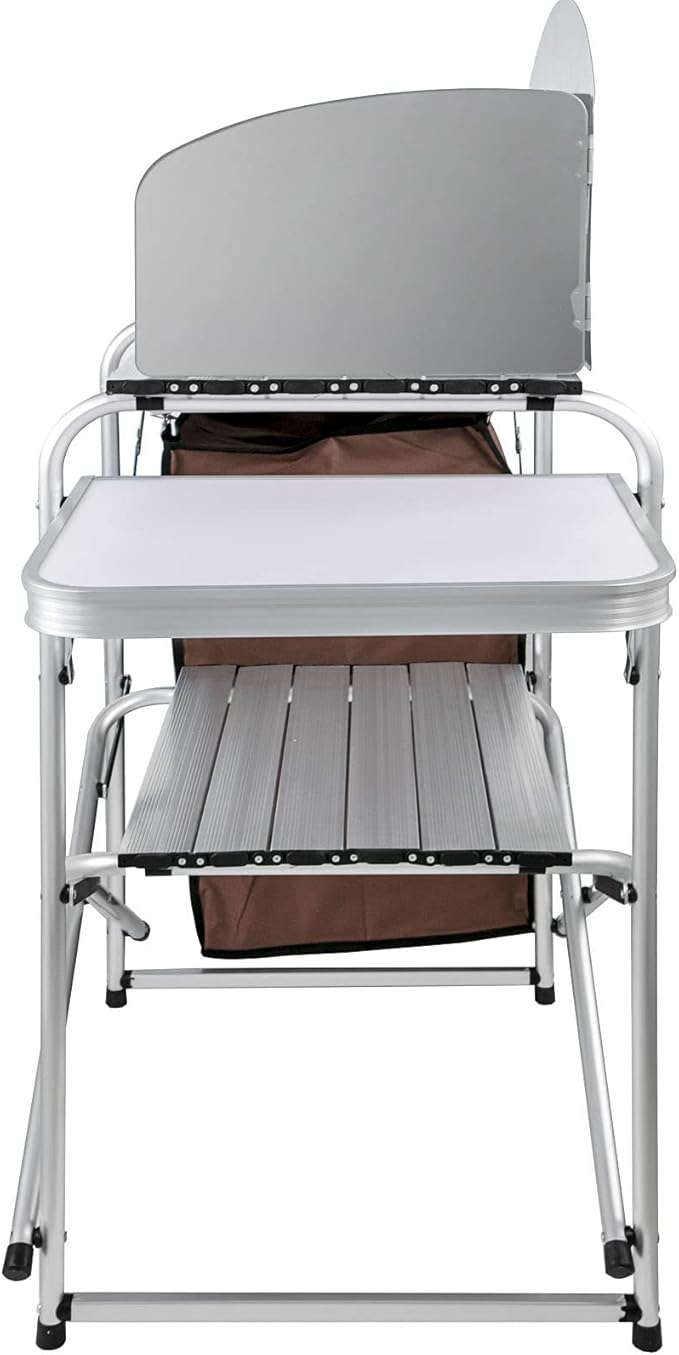 VEVOR Camping Kitchen Table, Aluminum Portable Folding Camp Cook Station with Windscreen, Cupboard, Storage Organizer, Carrying Bag, Quick Installation for Outdoor Picnic Beach BBQ RV Traveling, Brown