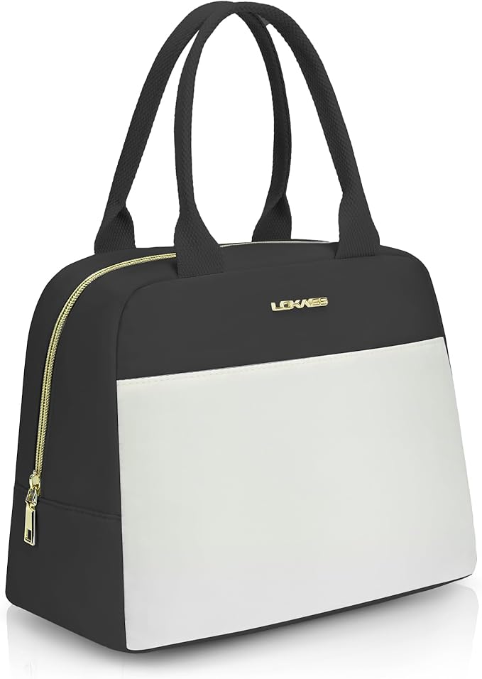 LOKASS Lunch Bag for Women-Insulated Adults Lunch Box with Front Pocket- Small Cute Lunch Tote for Work-Reusable Cooler Bag for Office Picnic Beach or Travel(Black)