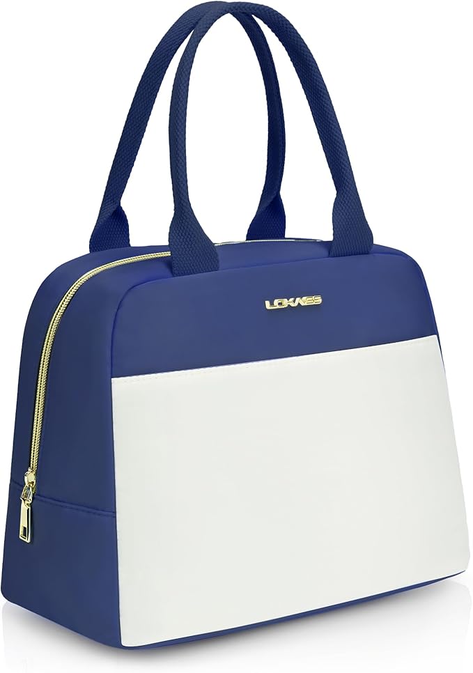 LOKASS Lunch Bag for Women-Insulated Adults Lunch Box with Front Pocket- Small Cute Lunch Tote for Work-Reusable Cooler Bag for Office Picnic Beach or Travel(Dark Blue)