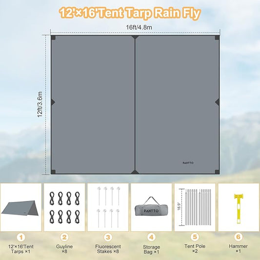 Camping Tarp with Poles, 16x12 Ft Camping Canopy, Waterproof Tent Tarp, Rain Shelter for Camping, Picnic,Beach, Outdoor Activities, Extra Large, Lightweight and UV Resistant, Extra Large, Grey