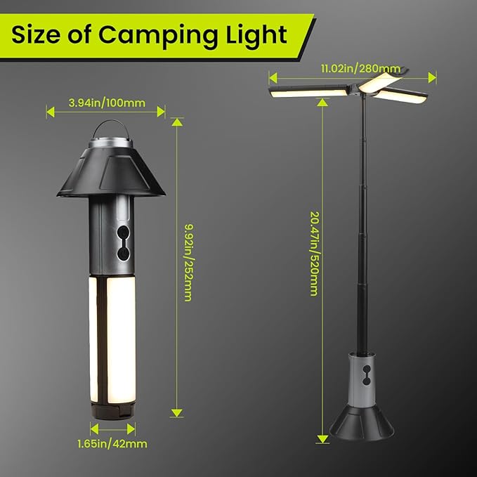 Telescopic Camping Light, 3000mAh Rechargeable Camping Lantern - 2 Dimmable Modes & 3 Flashlight Modes, IPX4 Waterproof, Portable Collapsible Light for Camping, Hiking, Home Emergency