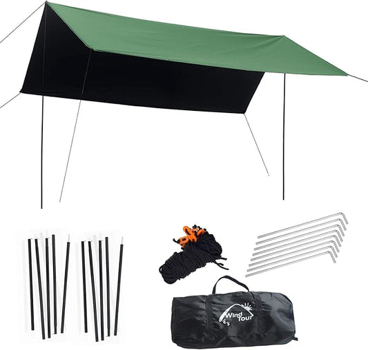 Wind Tour Portable Multifunctional Outdoor Camping Traveling Awning Backpacking Tarp Sunshade Lightweight UV Protection and PU 3000mm Waterproof Rain Fly Tarp Shelter (118 * 177 inches)