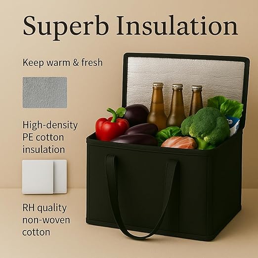 musbus 2-Pack, XL-Large Insulated Grocery shopping bags, Black, reusable bag,thermal zipper,Collapsible,tote,cooler,food transport hot and cold,camping, delivery groceries freezer