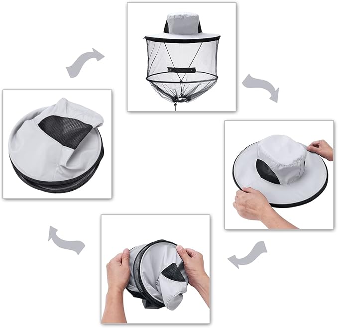 Mosquito Head Net Hat with Removable Mesh Hidden Netting, Camouflage Design with Zipper Net for Outdoor Fishing Gardening Hiking Face Cover (Grey)