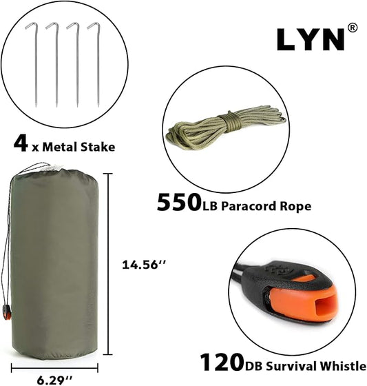 LYN Extra Large Zipper Reusable Survival Emergency Shelter Tent,Thermal Waterproof Fireproof Lightweight Bugout, with Paracord✚Stake for Camping,First Aid,Hiking&Bushcraft