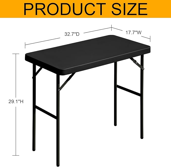 Folding Table 2.7ft Rectangular All-Occasion Plastic Folding Event Table for Indoor and Outdoor, Portable Desk, Camping, Durable and Stable, HDPE and Steel, Wide Application, Black