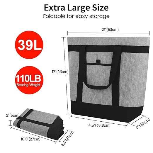 Soft Insulated Cooler Bag for Beach, Travel, Waterproof Large Reusable Insulated Cooler Tote Bag, Thermal Bag to Keep Foods Frozen, Cold and Hot, Groceries Shopping Bags with Zippered, Grey