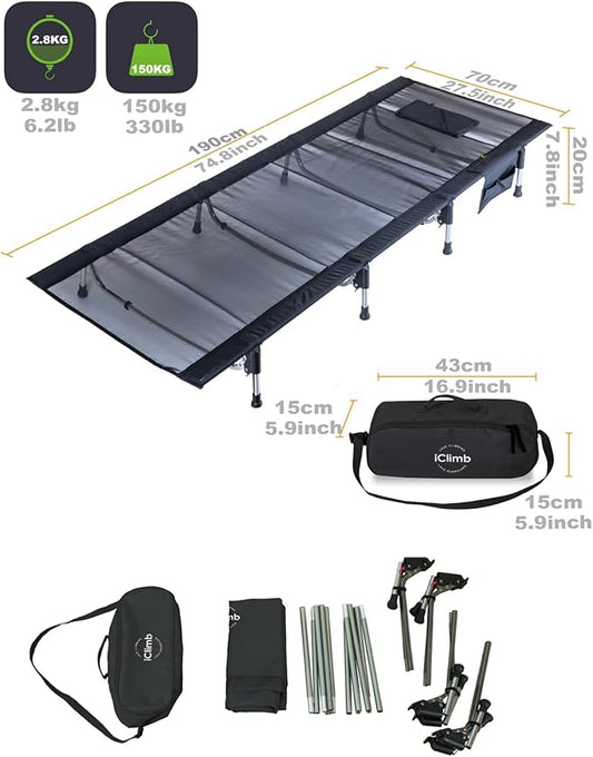 iClimb Super Easy Assemble Folding Cot Ultralight Compact Heavy Duty with Carry Bag for Adults Camping Backpacking (Black, Mesh)