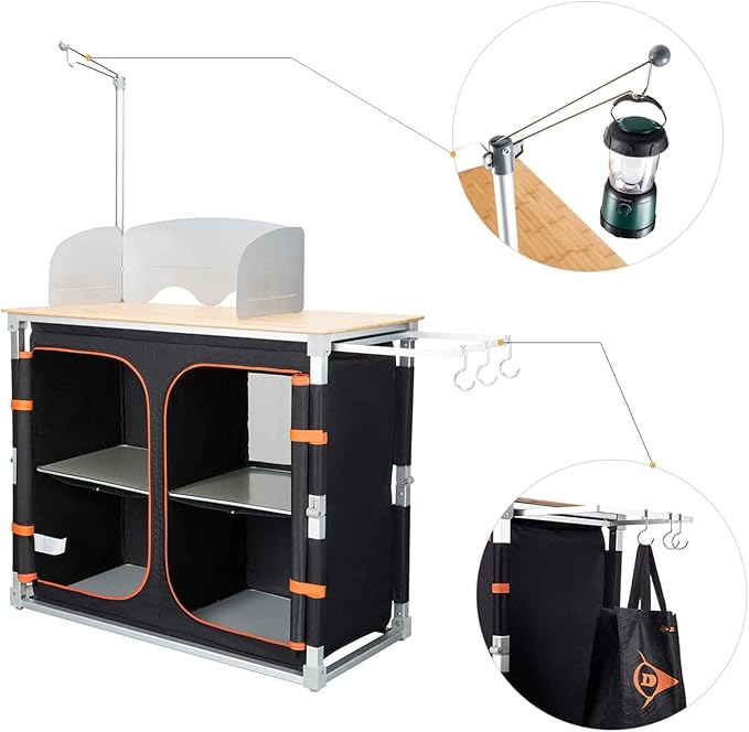 KingCamp Bamboo Camp Kitchen Station, Folding Overland Camping Kitchen Table Hooks Portable Outdoor Cooking with Adjustable Lantern Pole & Windshield Storage Organizer for Tailgating BBQ Picnic RV