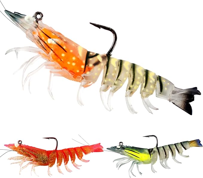 3Pcs Shrimp Fishing Lures for Saltwater and Freshwater Soft Bait Pre-Rigged Glow Eyes Lifelike Silicone Prawn Jig for Bass Trout Redfish Flounder Crappie Snook Walleye Fishing