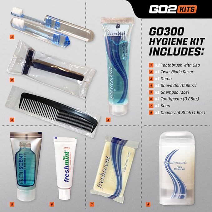 Travel Toiletry Kit, Hygiene Kit with Shaving Supplies for Travel, Business & Charity with Reusable Toothbrush, Bath Soap & Other Essential Toiletries, 5-Pack