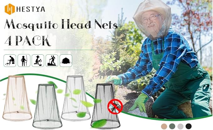 HESTYA 4 Pack Mosquito Net Mesh for Head Face Neck Fly Netting Hood from Bugs Gnats No See Net with Carry Bags for Outdoor