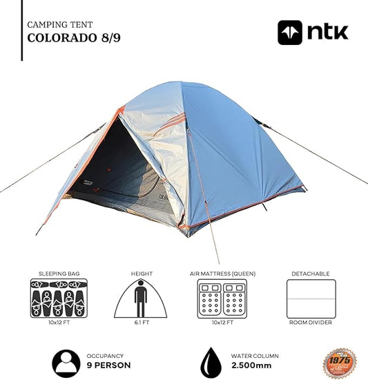 NTK Colorado GT 2/4/6/8 Person Outdoor Dome Family Camping Tent 100% Waterproof, Easy Assembly, Durable Fabric Full Coverage Rainfly - Micro Mosquito Mesh