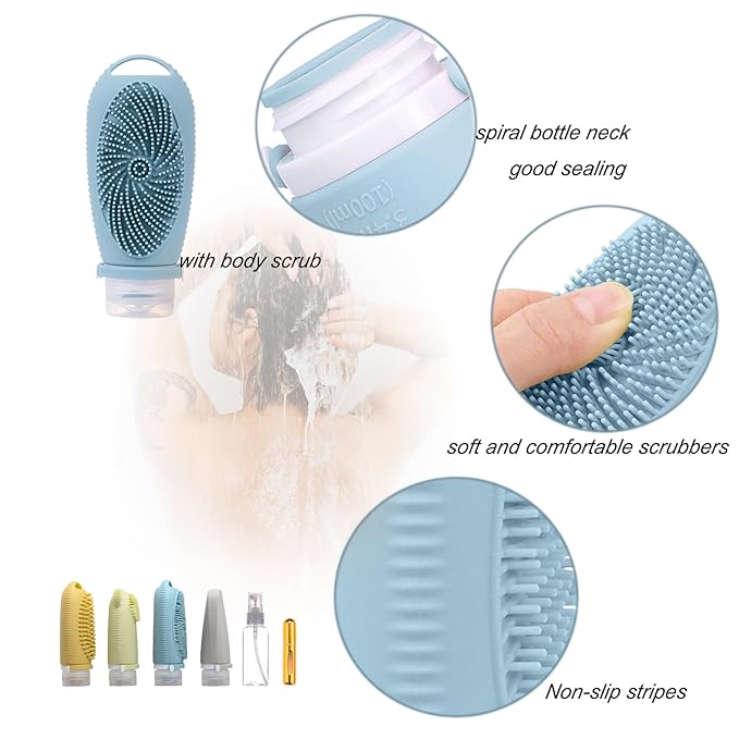 Squeezable Silicone Travel Bottles for Toiletry Leakproof TSA Approved Travel Size Container Multi-functional Travel Essentials with Facial Brush Body Scrub Scalp Massage
