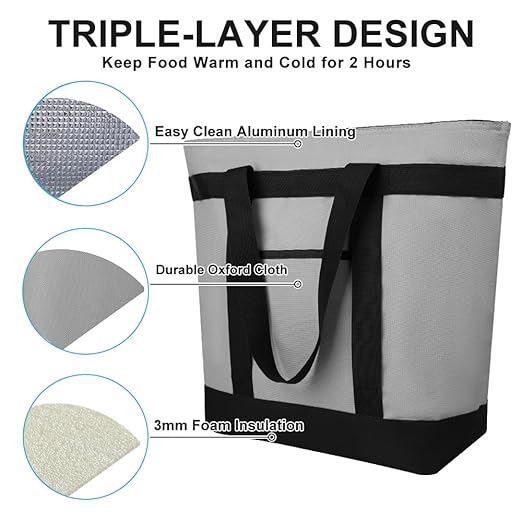 2Pk Insulated Reusable Tote Bag for Grocery Shopping for Women/Men, Pizza/Food Delivery Bag to Keep Food Cold/Hot for Uber Eats/Doordash/Grubub, Cooler bags for Travel/Beach/Picnic, Grey