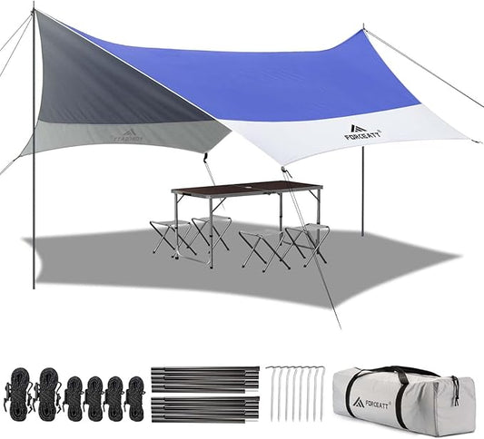 Forceatt 12x14FT Waterproof Anti-UV Camping Tarp with 2 Poles (UPF50+), Lightweight Sun Shelter for Car, Tent, Hammock in Hiking, Backpacking, Garden and Traveling