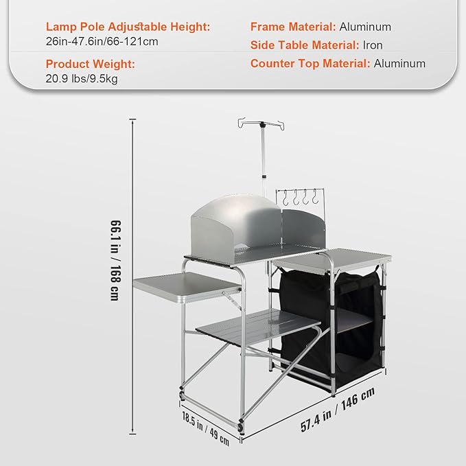 VEVOR Camping Kitchen Table, Aluminum Portable Folding Camp Cook Station with Windscreen, Cupboard, Storage Organizer, Carrying Bag, Quick Installation for Outdoor Picnic Beach BBQ RV Traveling, Black