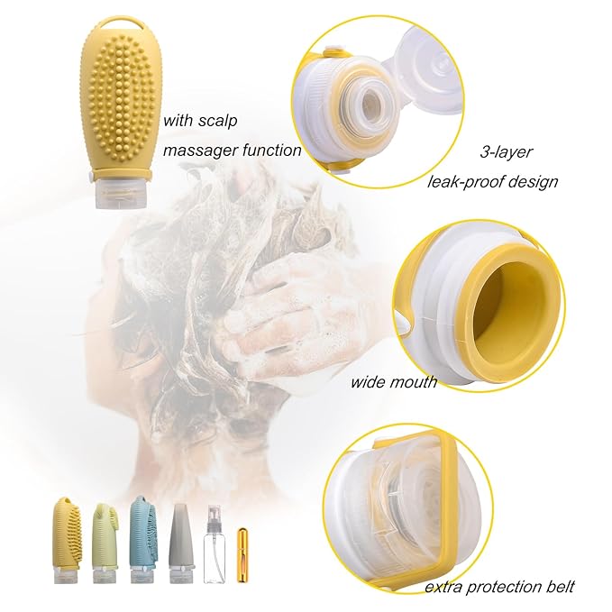 Squeezable Silicone Travel Bottles for Toiletry Leakproof TSA Approved Travel Size Container Multi-functional Travel Essentials with Facial Brush Body Scrub Scalp Massage