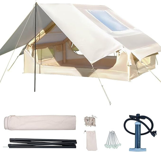 Inflatable Camping Tent with Pump, Upgraded Waterproof Windproof Glamping Blow Up Tent, Easy Setup 4 Season Air Cabin House with Mesh Windows & Door,4-6 Persons
