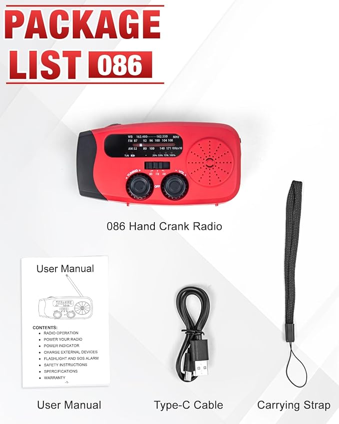 Hand Crank Emergency Radio - 2000mAh/7400mWh AM/FM/NOAA Solar Hand Crank Emergency Radio with 3 LED Flashlights, SOS Function for Emergencies, Camping - Red