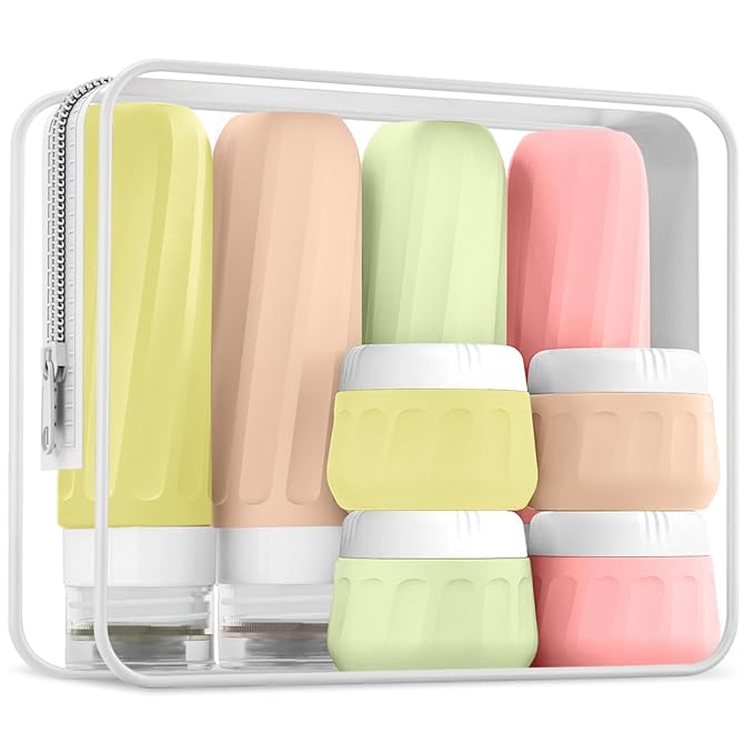 Travel Bottles for Toiletries 8 Pack, Travel Size Toiletries, Tsa Approved Travel Size Containers 3oz, with Travel Essentials Clear Bag, Leak Proof Silicone Squeezable Creams Jars